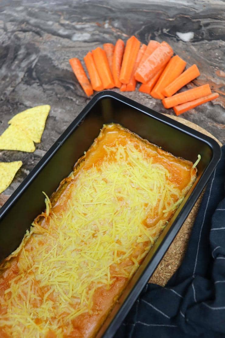 Buffalo chickpea dip baked in pan