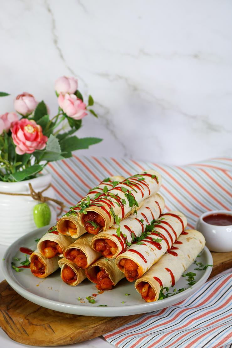 Vegan buffalo chickpea taquitos