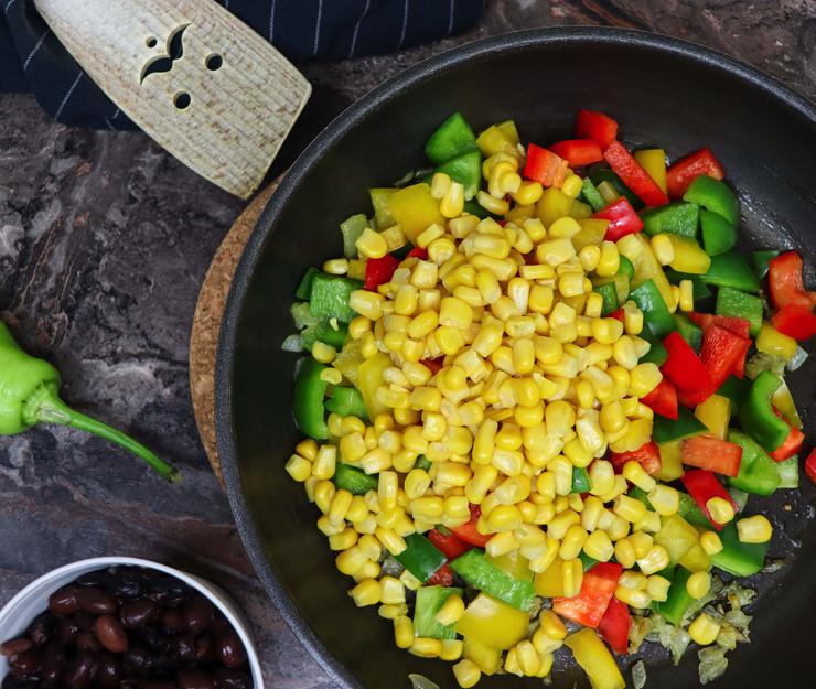 Vegetarian enchilada veggies in pan