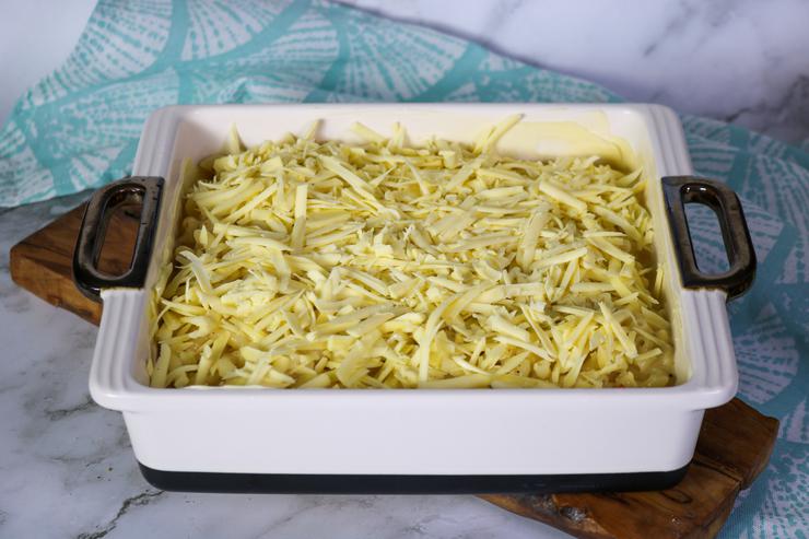 Vegan mac and cheese in casserole pan