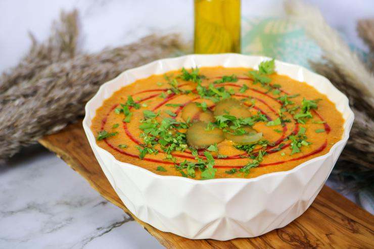 Vegan queso in bowl on table