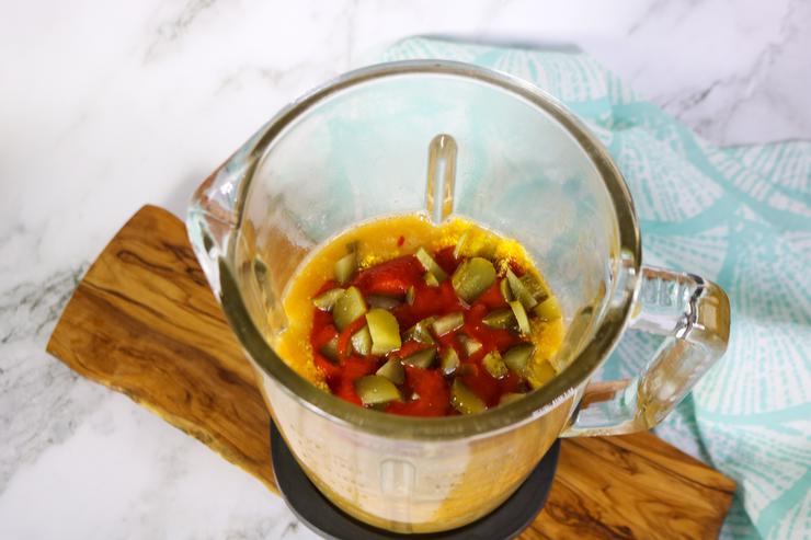 Vegan queso indredients in measuring cup