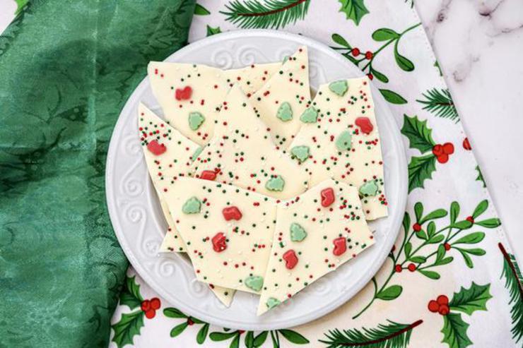 White chocolate christmas bark on plate